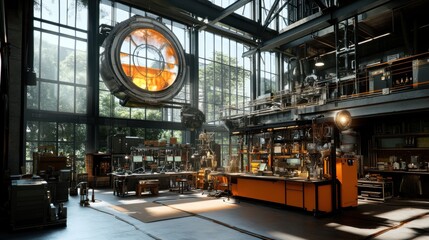 An elaborate steampunk laboratory featuring complex electromechanical devices fused with biological components, surrounded by gothic architecture and mysterious lighting