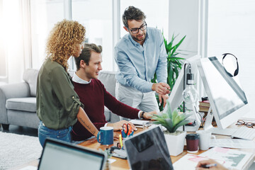 Business people, cooperation and computer for web design, coaching and brainstorming for proposal....