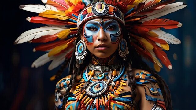 Extreme close-up of a native American woman with decorated headdress. Colorful feathers, strong personality and cultural concept.