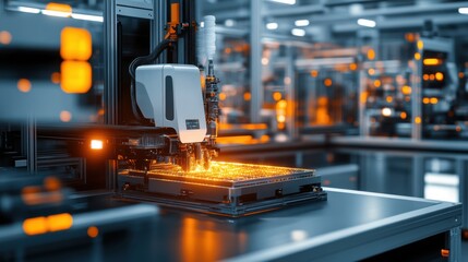 Fototapeta premium An automated factory floor showcasing advanced 3D printers producing metallic components, with a futuristic ambiance and glowing etherial light highlighting the fine details of the process