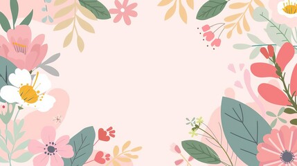 Fototapeta premium Empty frame with blooming flowers, simple modern clean background, flat design illustration