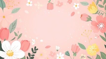 Empty frame with spring flowers, simple modern clean background, flat design illustration