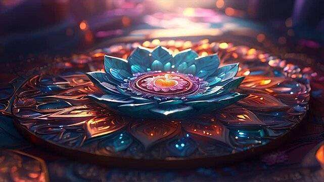 The heart chakra mandala rotating in a decorated circle, spiritual healing and energy center concept.