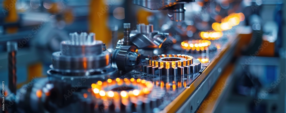 Poster robot arm in factory assembly line with glowing parts