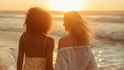 Fototapeta premium A beautiful moment of friendship was captured at sunset, showcasing the joy and deep connection between friends embraced by the oceans magic