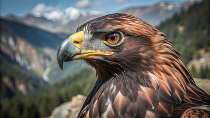 Fototapeta premium A majestic golden eagle perches on a rock, showcasing its impressive features against a backdrop of mountains and clear blue sky