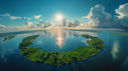 Landscape with delta and sky aerial view, fish eye effect