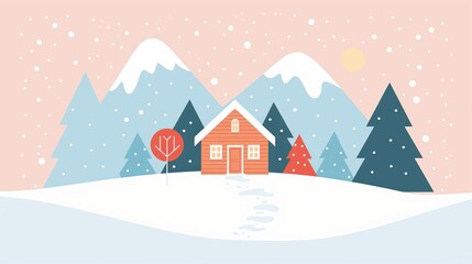 Cozy cabin in snow, simple modern clean background, flat design illustration