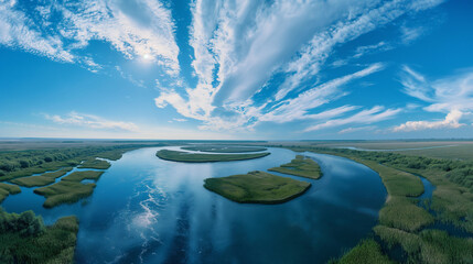 Landscape with delta and sky aerial view, fish eye effect