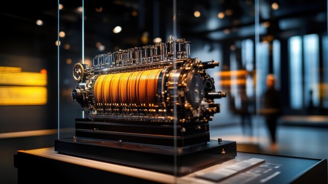 Wide-angle shot of Charles Babbage is mathematical engine in a museum setting, highlighting the complex array of mechanical parts