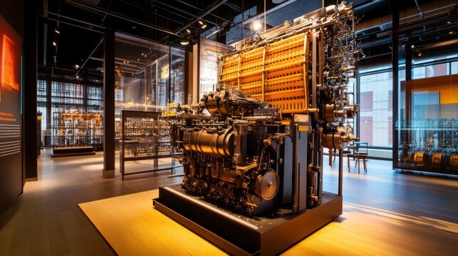 Wide-angle shot of Charles Babbage is mathematical engine in a museum setting, highlighting the complex array of mechanical parts and the historical ambiance of the exhibit, 