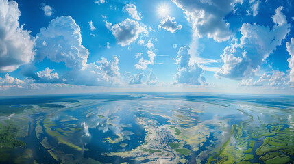 Landscape with delta and sky aerial view, fish eye effect