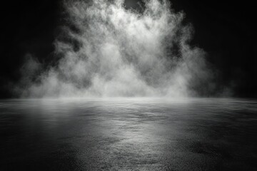 Abstract image of dark room concrete floor. Black room or stage background for product placement.Panoramic view of the abstract fog. White cloudiness, with generative ai