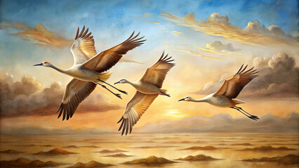 Fototapeta premium Three cranes gracefully fly above the calm ocean waters as the sun sets, casting warm tones across the sky and reflecting on the water's surface