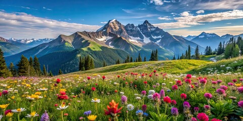 Fototapeta premium Panoramic view of wildflowers on Schafler's summit with Santis peak in the background, wildflowers