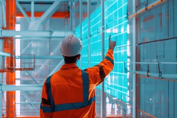 Engineer in orange hi-vis gear inspecting factory with digital s
