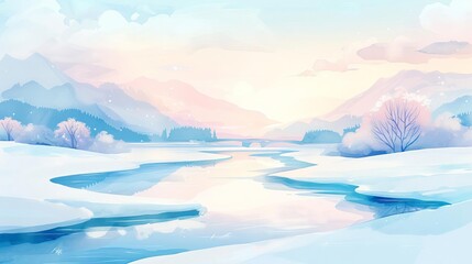 Icy river, tranquil winter background, watercolor style