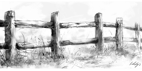 Black and white drawing of a wooden fence.