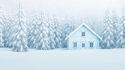Snowcovered cabin in the woods, simple modern clean background