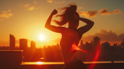 Woman in a dynamic pose on a city rooftop