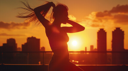 Woman in a dynamic pose on a city rooftop