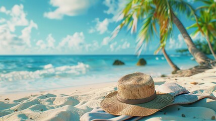 Beach accessories straw hat, towel on sunny tropical Caribbean beach with palm trees and turquoise water, caribbean island vacation, hot summer day. copy space for text.