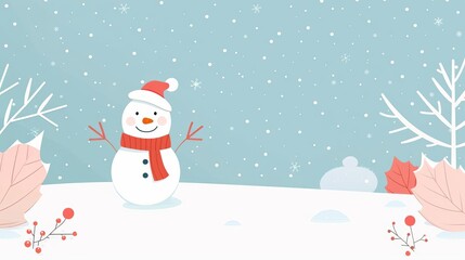 Snowman in winter, simple modern clean background, flat design illustration