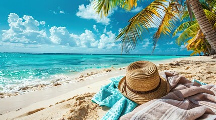 Beach accessories straw hat, towel on sunny tropical Caribbean beach with palm trees and turquoise water, caribbean island vacation, hot summer day. copy space for text.