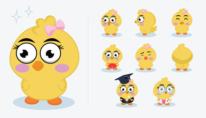 Cute chick vector character multiple poses model sheet