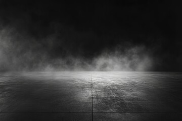 Abstract image of dark room concrete floor. Black room or stage background for product placement.Panoramic view of the abstract fog. White cloudiness, with generative ai