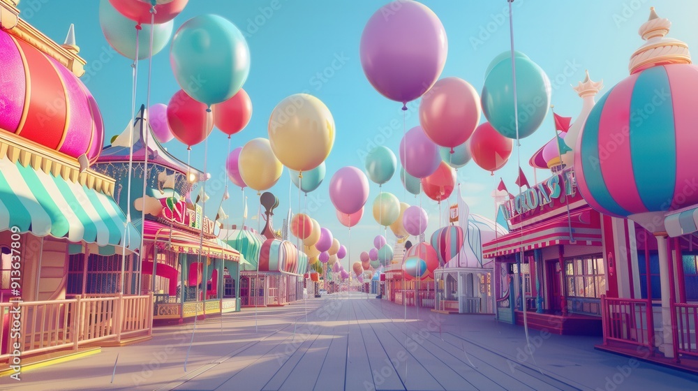 Poster colorful balloons float above a bustling city festival, creating a lively and joyful atmosphere as a