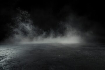 Abstract image of dark room concrete floor. Black room or stage background for product placement.Panoramic view of the abstract fog. White cloudiness, with generative ai