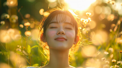 Fototapeta premium A beautiful Asian woman enjoys the sunset in a flowering field. A young woman walks through a field with flowers, feeling freedom. The concept of nature, walks, freedom.