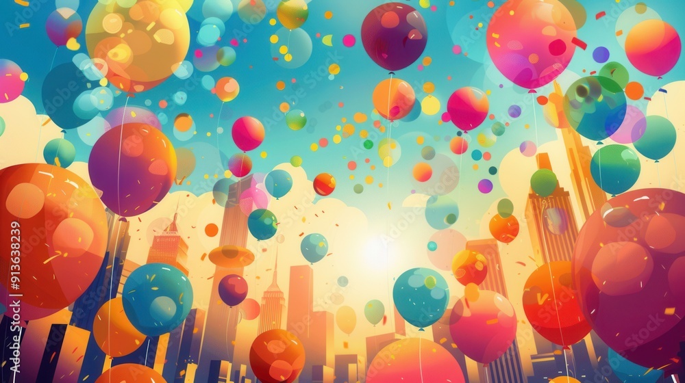Poster bright balloons float joyfully in the sky as visitors enjoy the festivities of the city fair, creati