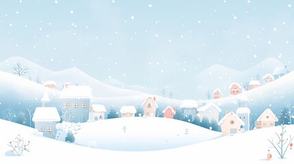 Snowy village, modern clean background, watercolor style