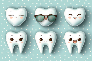 Obraz premium A set of cartoon teeth with sunglasses on them. The teeth are smiling and wearing sunglasses, giving the impression of a fun and lighthearted atmosphere