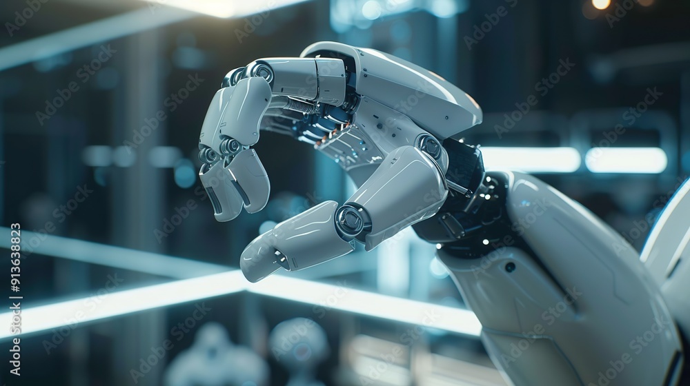 Poster chief engineer presents innovative robot arm to start-up workers at conference. futuristic design of