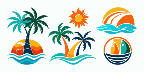 Stunning Beach-Themed Logos Collection Palm Trees, Suns, Waves & Sunset Imagery on White Background