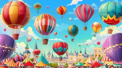 Obraz premium Hot air balloons fill the sky above a vibrant festival, with colorful tents and excited crowds creating a lively atmosphere in the city. Generative AI