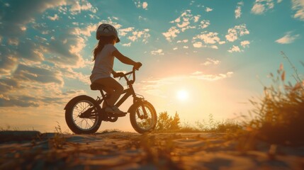 Obraz premium A girl is riding a bike in a field with the sun setting in the background