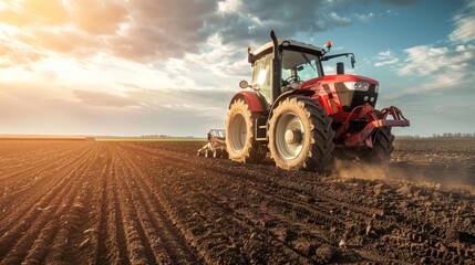 Obraz premium A red tractor is in a field with a beautiful sunset in the background