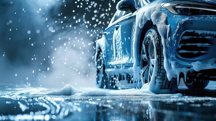 modern stylish car in foam on a car wash on dark background with copy space. car care banner with place for text minimalism. no people. self-service car wash
