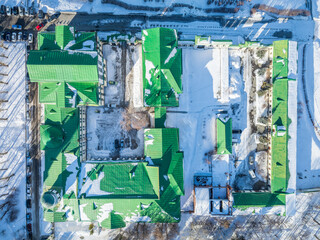 Yekaterinburg, Russia. Historic building of Rastorguev - Haritonov at winter. Aerial view.