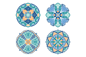 beauty and colorful floral mandala art round ornament design sets for boutique, fashion, jewelery. abstract flower petal pattern vector illustration. feminine botanic geometric decor collections