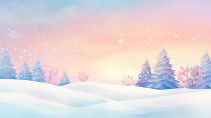 Winter sunset, warm glow over snow, watercolor style