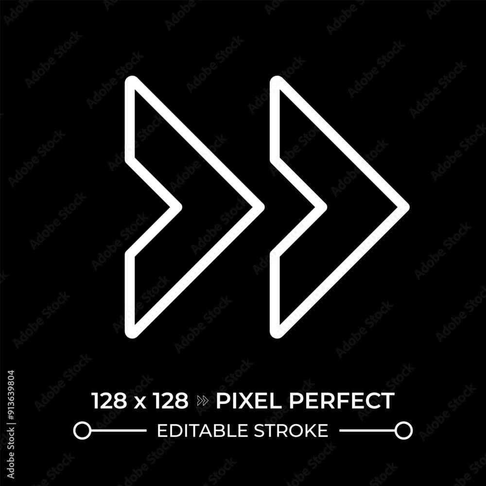 Poster double right arrow white linear icon for dark theme. symbolize fast forward, skip or next functions 