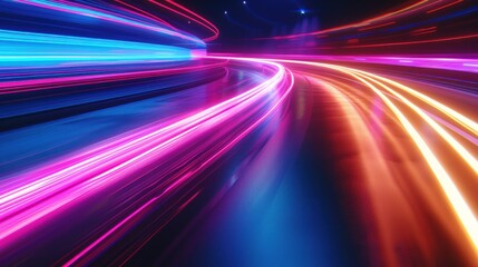 Obraz premium Futuristic city street light trails at night with a bright neon sign in the background