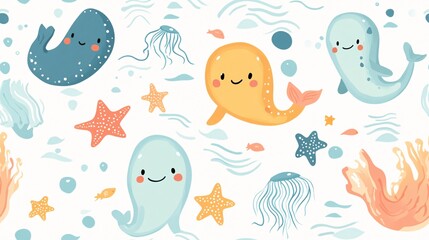 A seamless pattern featuring adorable sea monsters and cute underwater creatures. The design highlights friendly sea monsters with soft, rounded shapes and pastel colors, surrounded by charming sea