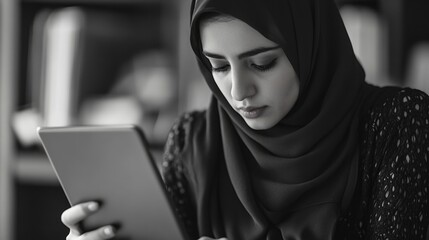 Woman in hijab using tablet