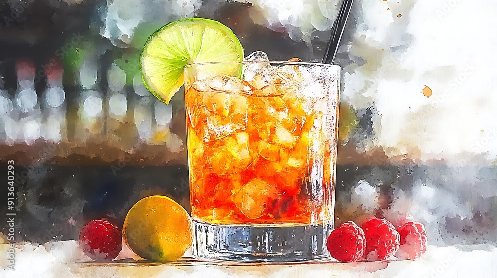 Canvas Prints Refreshing Summer Drink with Lime and Raspberries, Watercolor Style.